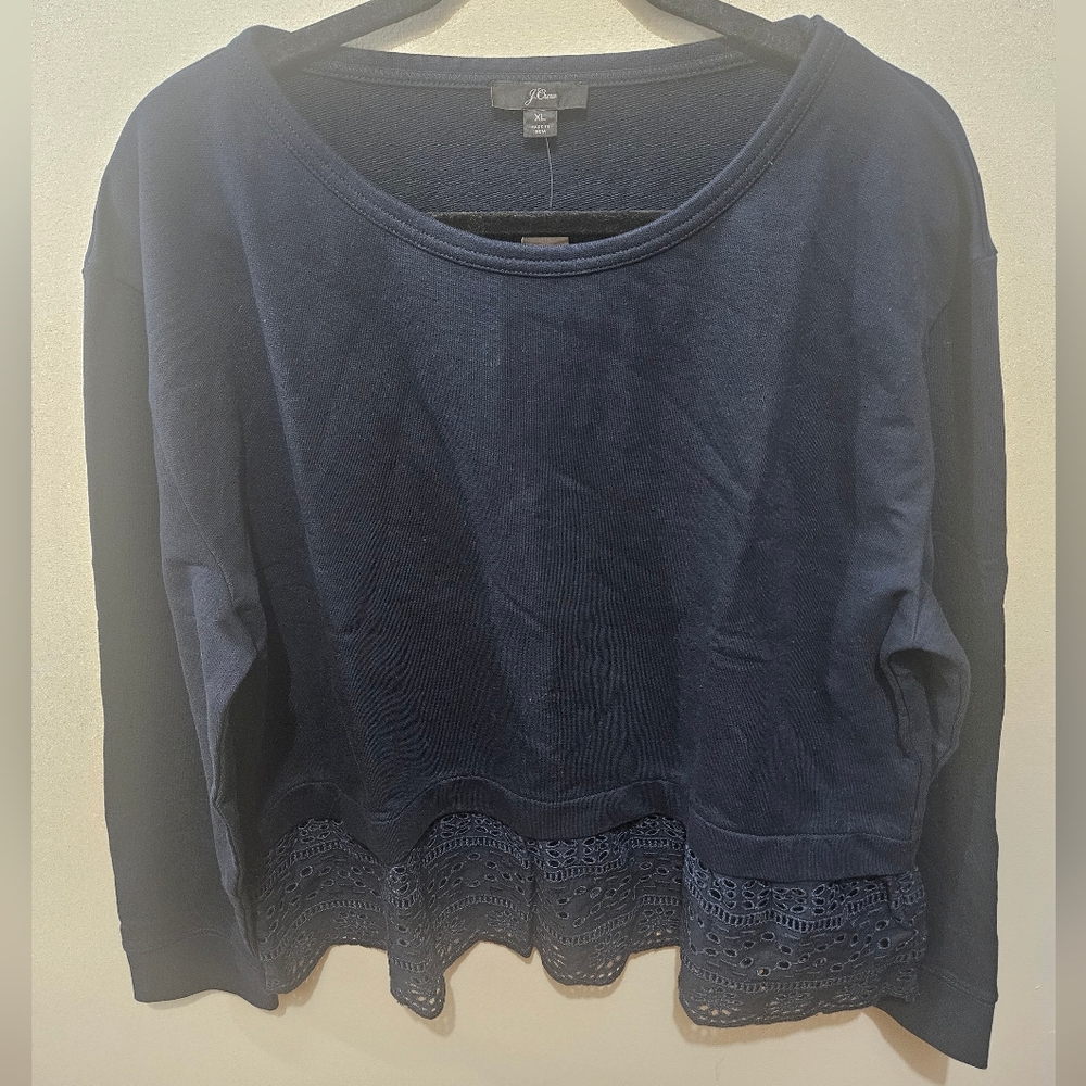 J Crew Navy Blue Lace Cotton Sweatshirt Xlarge Eyelet Feminine Casual Pullover